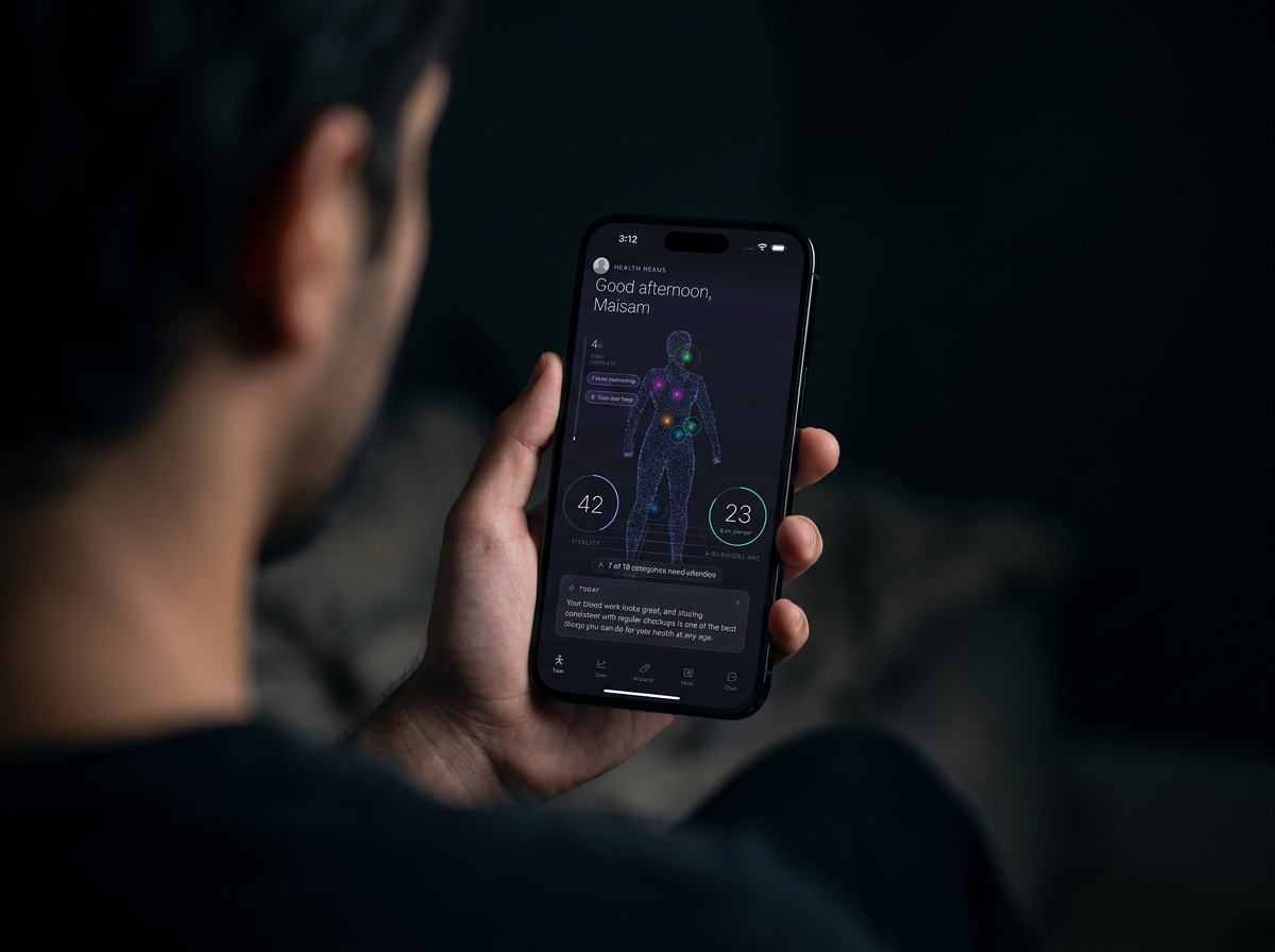 Person holding an iPhone showing the Health Nexus app
